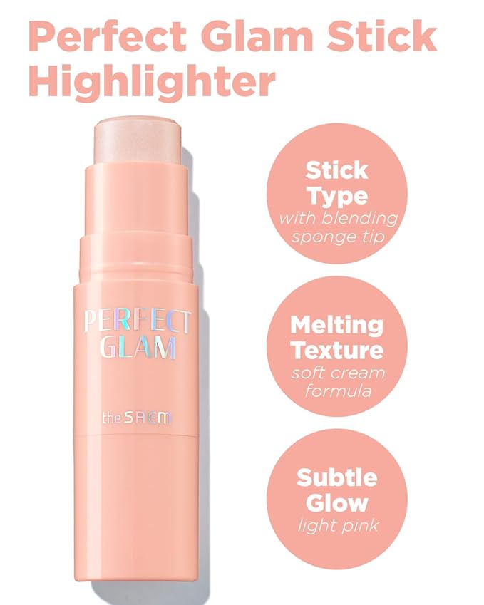 THESAEM Perfect Glam Stick Blusher with Blending Sponge WH01 Aurora Wave - Luxurious Soft Melting Balm Highlighter with Shea Butter and Ceramide NP, Natural Radiance Glow Makeup, 0.2oz.