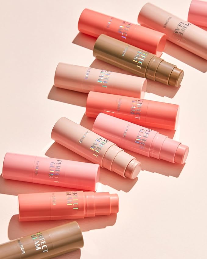 THESAEM Perfect Glam Stick Blusher with Blending Sponge WH01 Aurora Wave - Luxurious Soft Melting Balm Highlighter with Shea Butter and Ceramide NP, Natural Radiance Glow Makeup, 0.2oz.