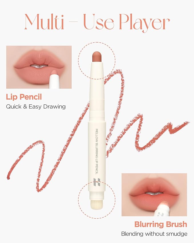 HOLIKA HOLIKA Mellow Blurring Lip Pencil with Built-in Blending Brush - Overlip Makeup Creamy Lip Crayon, No Clumps or Irritation, Multipurpose for Cheeks and Eyes (01 MILKY BURN)