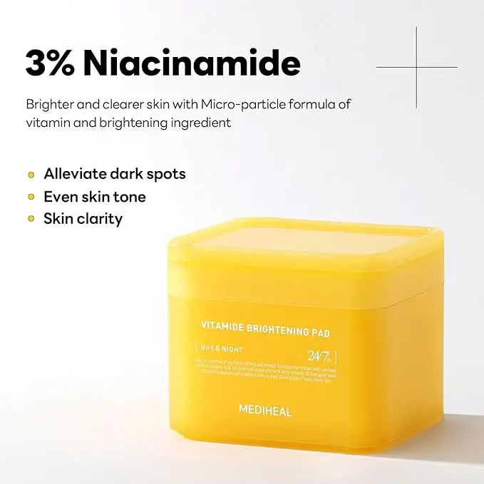 Mediheal Vitamide Brightening Pad - Vegan Face Hypoallergenic Pads with Niacinamide, Sea Buckthorn - Radiance Boosting Pads for Clear, Illuminating Skin 100 Pads - Nouriviva