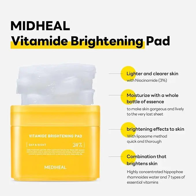 Mediheal Vitamide Brightening Pad - Vegan Face Hypoallergenic Pads with Niacinamide, Sea Buckthorn - Radiance Boosting Pads for Clear, Illuminating Skin 100 Pads - Nouriviva