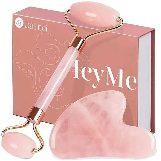 BAIMEI IcyMe Jade Roller & Gua Sha, Face Roller Redness Reducing Skin Care Tools, Self Care Pink Gift for Men Women, Massager for Face, Eyes, Neck, Relieve Fine Lines and Wrinkles - Rose Quartz - Nouriviva