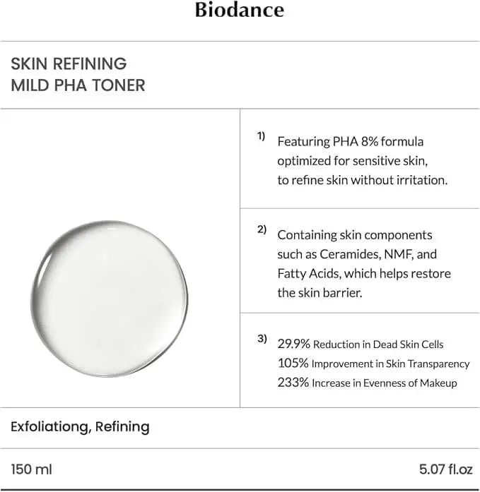 Biodance Skin Refining Mild PHA Toner, Gentle Exfoliating Face Toner for Sensitive Skin with Ceramides & NMF | 5.07 fl.oz,150ml - Nouriviva